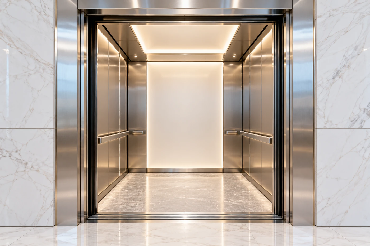 Kabin lift terbuka dengan bingkai stainless dan dinding marmer