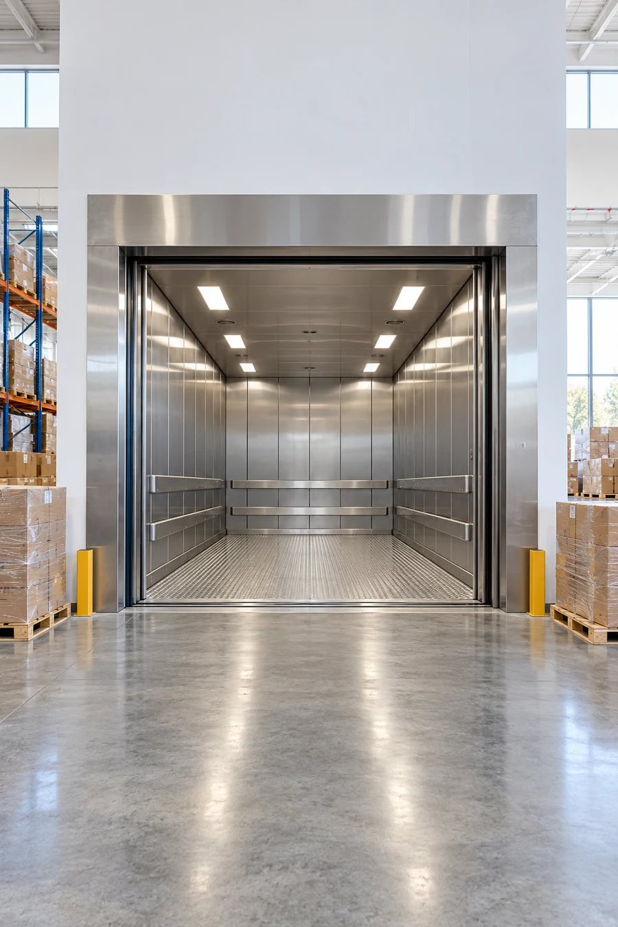 Ilustrasi AI: lift barang stainless di gudang