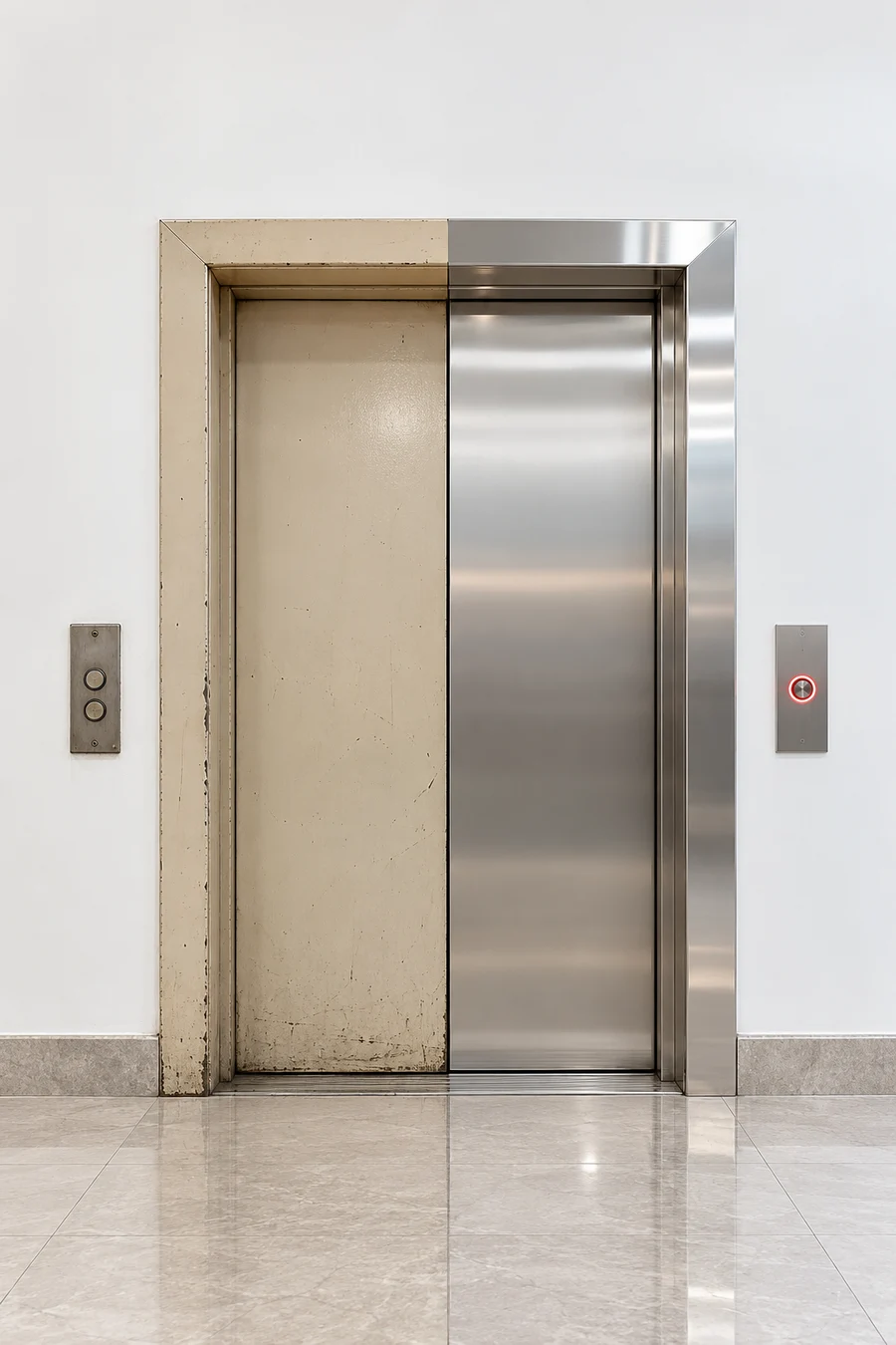 Ilustrasi AI: perbandingan pintu lift lama dan lift yang diperbarui