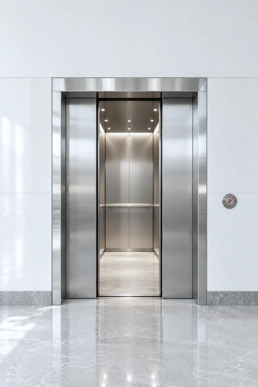 Ilustrasi AI: kabin lift penumpang stainless terbuka